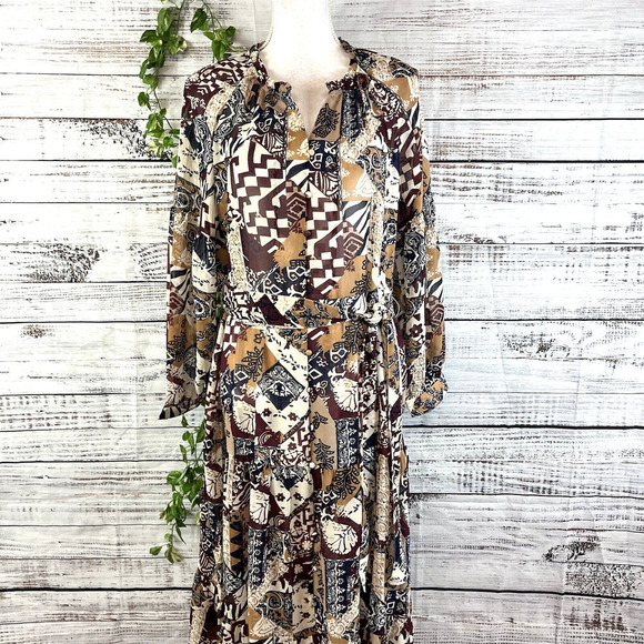 Soft Surroundings Dress size Large Brown Navy Sheer Long Floral Peasant Boho - Picture 1 of 16